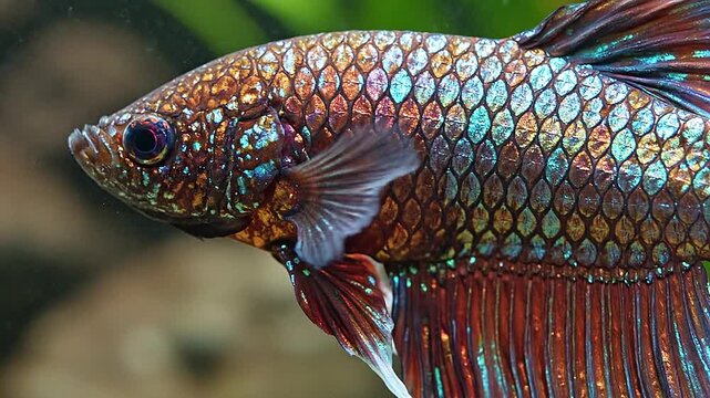 Extreme close-up on the scales of a dragon scale betta, showing their intricate pattern.