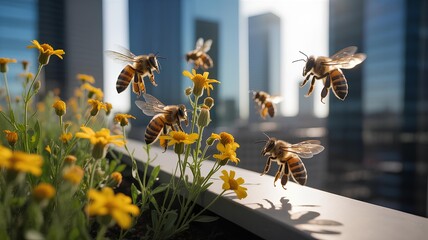 Urban beekeeping showcasing honeybees flying around yellow flowers with city background