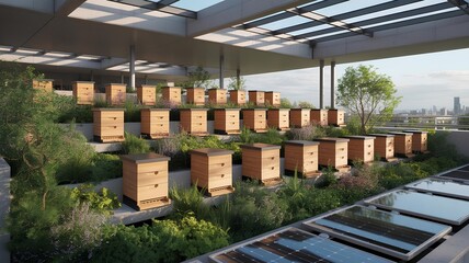 Urban beekeeping on a rooftop garden with bee hives and solar panels in the city