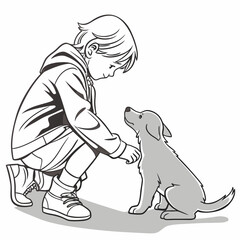 Young boy in hoodie and shorts crouching down to pet a friendly gray puppy dog sitting attentively