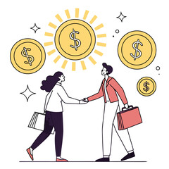 Two business people shaking hands with golden dollar coins and sunburst symbolizing financial success and partnership