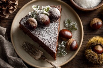 Chocolate Chestnut Cake slice on plate with fork, surrounded by autumn decorations. Concept of warm, cozy atmosphere featuring layered cake with chestnut cream and chocolate ganache.