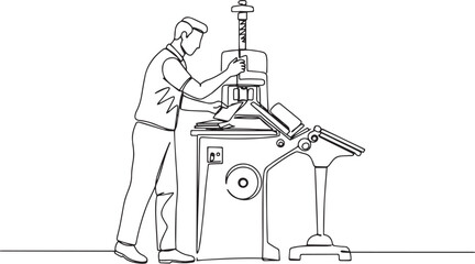 Continuous line drawing of a man operating a printing press mach