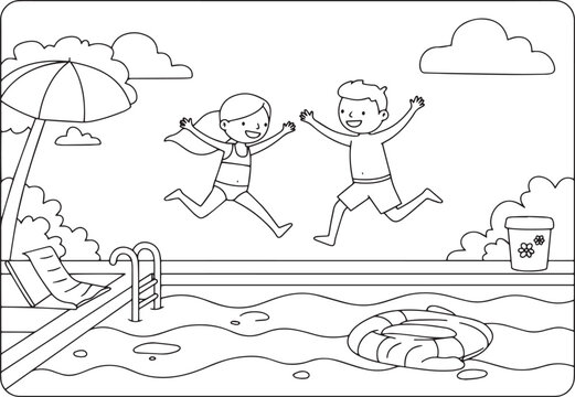 Children's Coloring Page: A Happy Couple Jumping into a Swimming