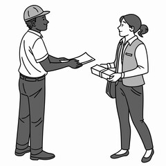 Delivery person wearing a cap hands over documents to a woman holding a package and a bag