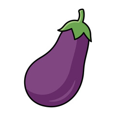 Brinjal (Eggplant) Vector Illustration: Whole Purple Vegetable with Green Stem, Vegan Day, Plant-Based Diet, Healthy Food