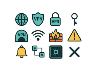 Internet security icons set: vpn, firewall, wi-fi, lock, key, network, alert, bell, settings