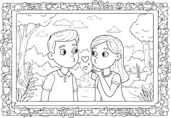 Charming Cartoon Couple Sharing Kisses in a Decorated Frame Colo