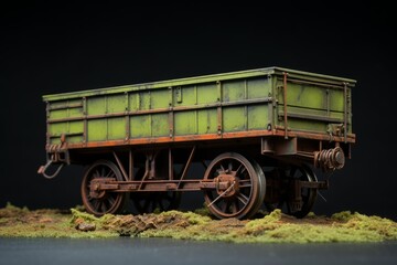 Obraz premium Miniature weathered green mining cart model displayed on a mossy surface, evoking a sense of age and abandonment