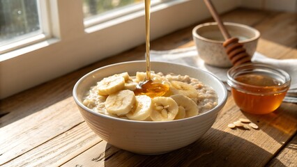 Close up of oatmeal breakfast with banana slices and honey