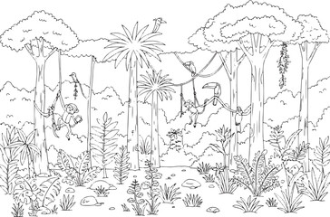 Enchanting tropical rainforest coloring page with playful monkey