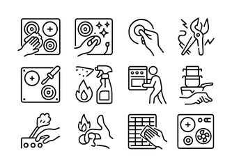 Vector Simple line icons illustrating kitchen cleaning and appliance maintenance tasks