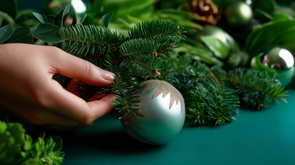 Headless shot of someone arranging focused festive scene with fir foliage and bauble on emerald surface, with copy space