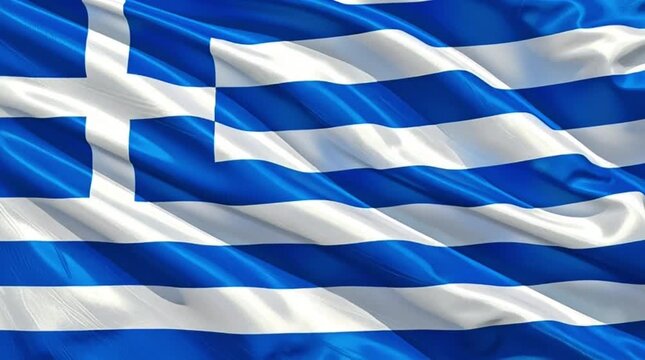 The national flag of Greece waves proudly in the wind, showcasing its vibrant blue and white colors