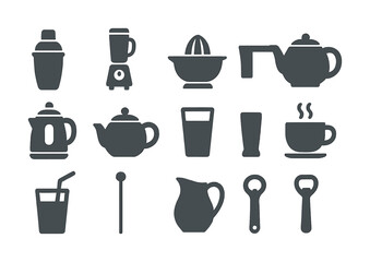 Collection of kitchen utensil icons: blender, teapot, glasses, and more
