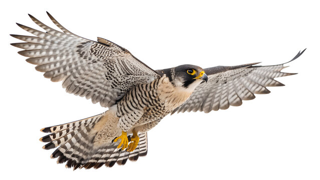 A majestic wild peregrine falcon bird is captured in powerful flight, with its impressive wings spread wide, isolated against a clear background.