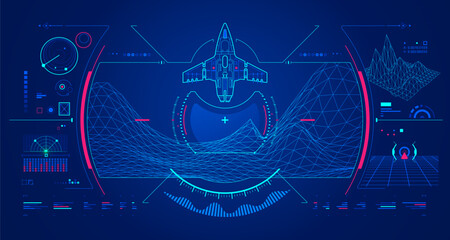 concept of aerospace technology or space exploration, graphic of space shuttle with navigation console interface © Jackie Niam