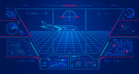 concept of aviation technology or aerospace engineering, graphic of airplane with air control tower interface