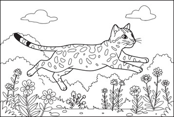 Line art illustration of a toyger cat leaping through a whimsica