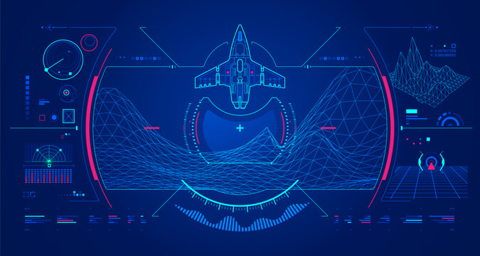 concept of aerospace technology or space exploration, graphic of space shuttle with navigation console interface