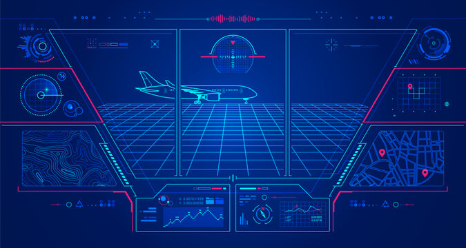 concept of aviation technology or aerospace engineering, graphic of airplane with air control tower interface