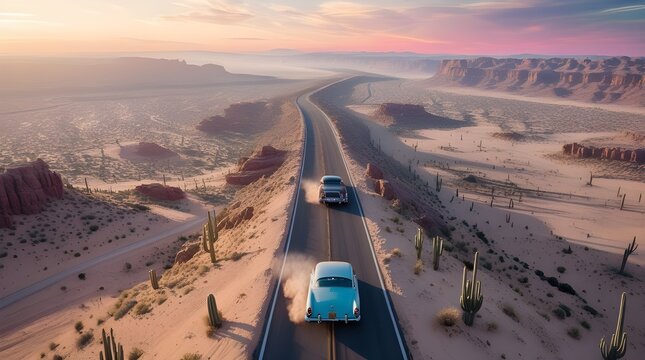 Fototapeta Aerial View of Winding Desert Highway with Vintage Car at Golden Hour