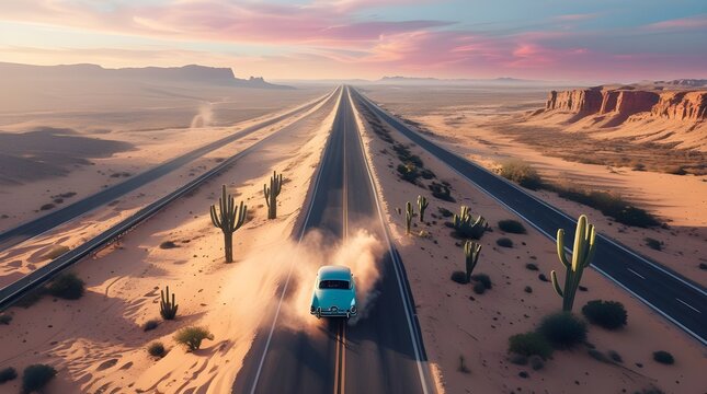 Fototapeta Aerial View of Winding Desert Highway with Vintage Car at Golden Hour