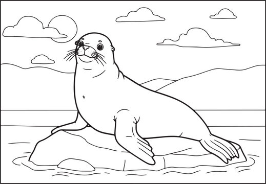 Elegant Sea Lion Illustration Lounging on a Rock, Tranquil Seasc