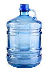 Large clear blue plastic water cooler bottle with a dark blue cap and handle isolated on transparent background