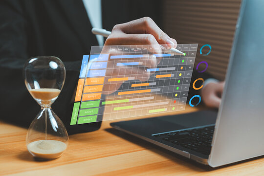 Business project planning dashboard with Gantt chart interface, workflow automation, and progress tracking. Digital management system for time scheduling, productivity, and performance control.