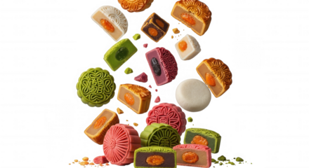 Assorted colorful mooncakes falling isolated on a transparent background