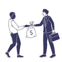 Two men exchanging a money bag with a dollar sign one in a suit holding a briefcase business concept