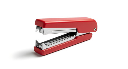 Red desktop stapler on white background showing chrome metal parts in an open position view