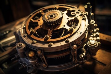 Fototapeta premium Intricate clockwork mechanism with spinning gears and cogs, demonstrating the precision engineering of old machinery