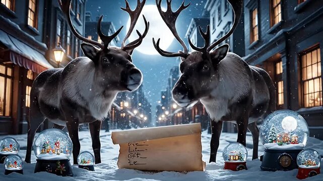 Festive scene with reindeer and snow globes