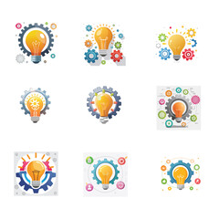 Fototapeta premium Collection of nine stylized illustrations featuring illuminated light bulbs and gears, representing innovation.