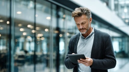Professional man using tablet in modern office space with blurred background, representing business technology, communication, and productivity concepts