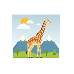 Obraz premium A tall giraffe stands gracefully in a vibrant landscape with mountains, sun, and clouds.