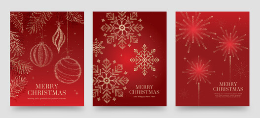 Plakat Luxury Red and Gold Christmas and New Year Flyer Poster with Glitter Snowflakes Ornaments and Fireworks