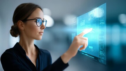A professional woman in glasses uses a transparent touchscreen display, symbolizing digital transformation and advanced workplace tools. The scene highlights innovation and future technology trends - Powered by Adobe