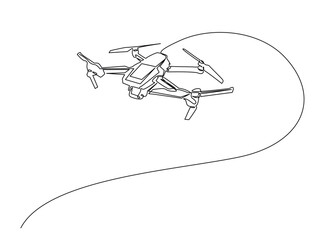 Flying Drone outline draw illustration. Continuous line art drawing of Drone Flying in the Sky. Editable stroke.