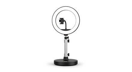 Adjustable ring light setup with smartphone holder on a stand isolated on white background display