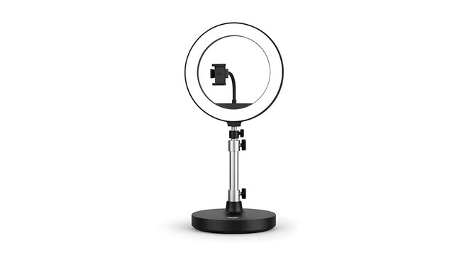 Adjustable ring light setup with smartphone holder on a stand isolated on white background display - Powered by Adobe