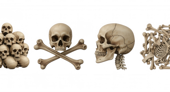Bone pile skull crossbones skeleton isolated on a transparent background