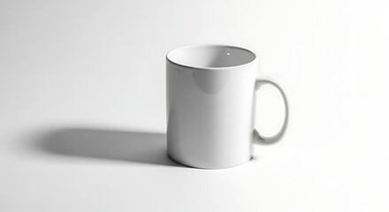 Plain white ceramic mug casting a soft shadow on a minimalist neutral background in subtle lighting