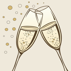 Two elegant champagne flutes toasting with sparkling bubbles and golden circles on a light beige background