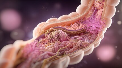 Medical illustration of human digestive system cross-section showing inflamed intestinal tissue, Crohn's disease affected areas highlighted in medical accuracy, detailed anatomical structure 