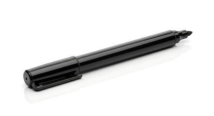 Black marker pen with a glossy finish and cap placed on a white reflective surface in studio lighting