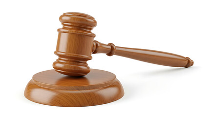 Wooden judge gavel resting on a matching base isolated on a white background for legal concept