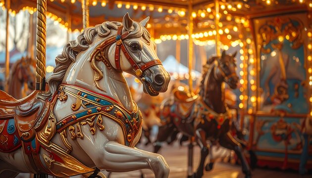 Close-up of ornate carousel horses illuminated by warm lights, showcasing detail and depth of field at a festive gathering